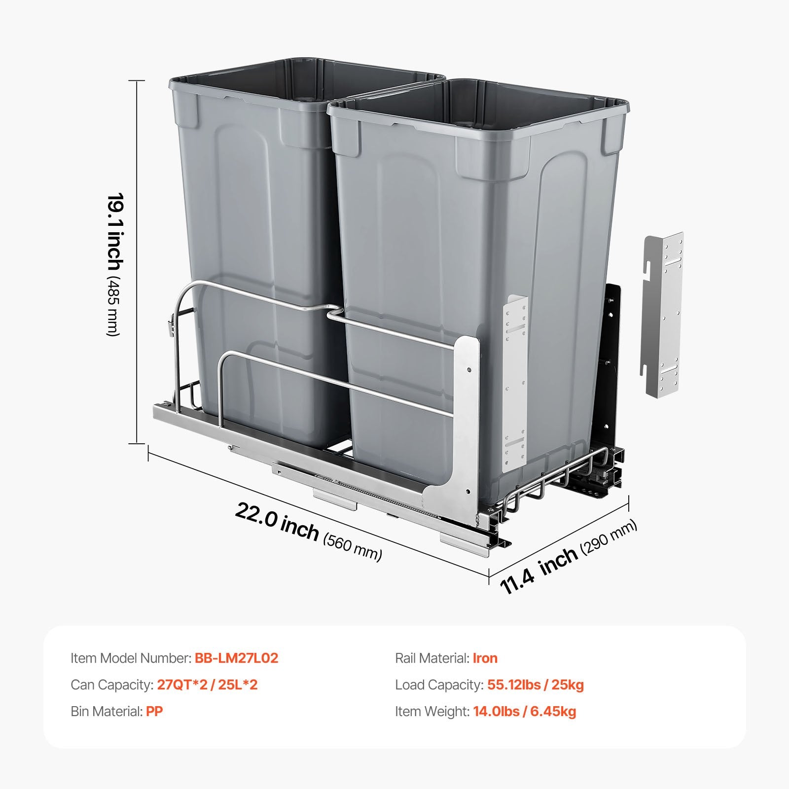 Ištraukiama šiukšliadėžė VEVOR BB-LM27L02, 2 x 25,5 l