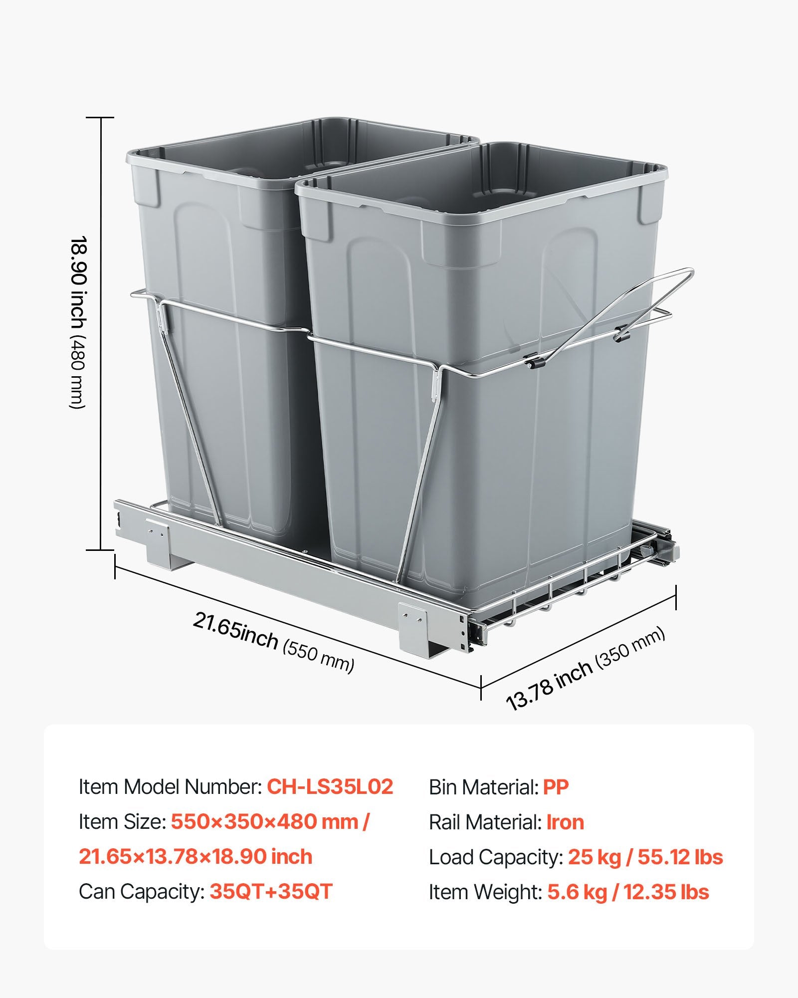 Ištraukiama šiukšliadėžė VEVOR CH-LS35L02, 2 x 33 l talpos