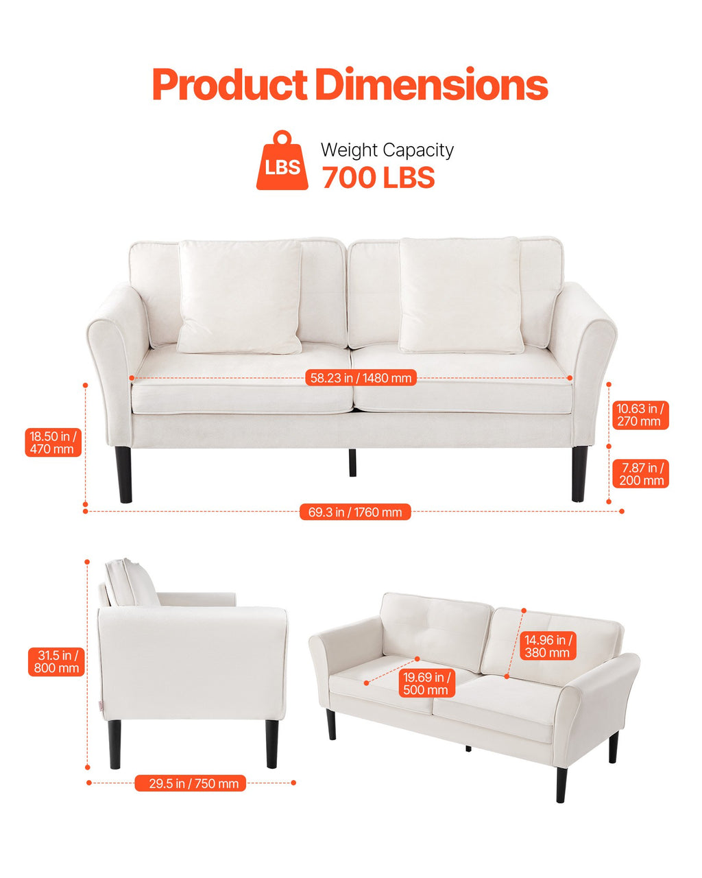 Dvivietė sofa VEVOR GDS0203-2, 176 cm