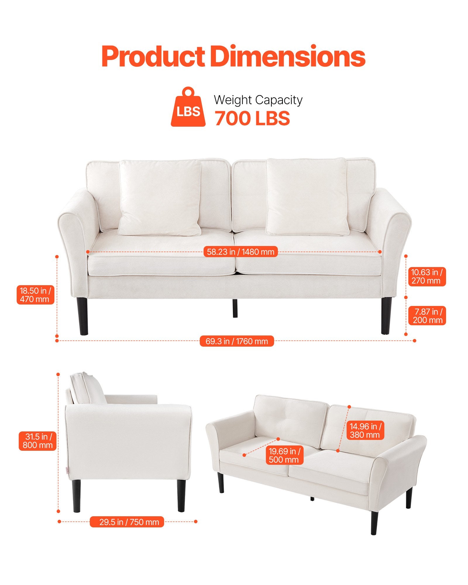 Dvivietė sofa VEVOR GDS0203-2, 176 cm