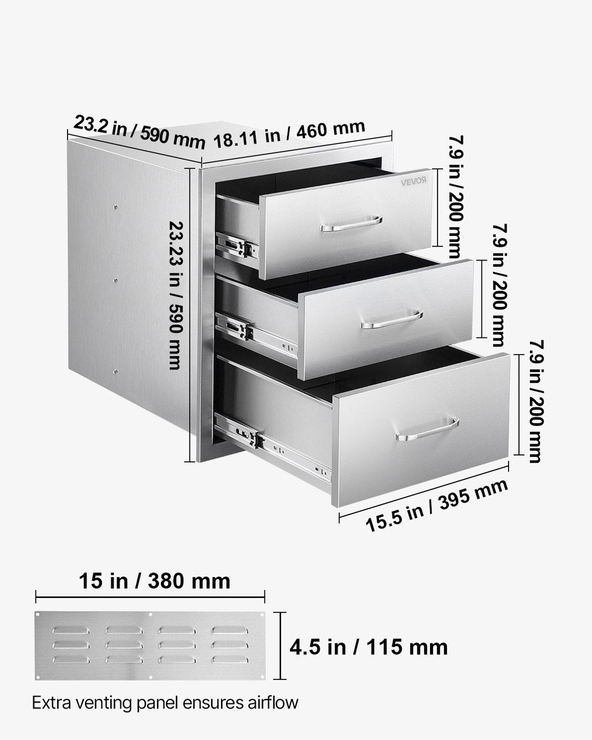 Lauko virtuvės stalčiai VEVOR KM-CTG-2302-SKU3, 3 stalčių blokas