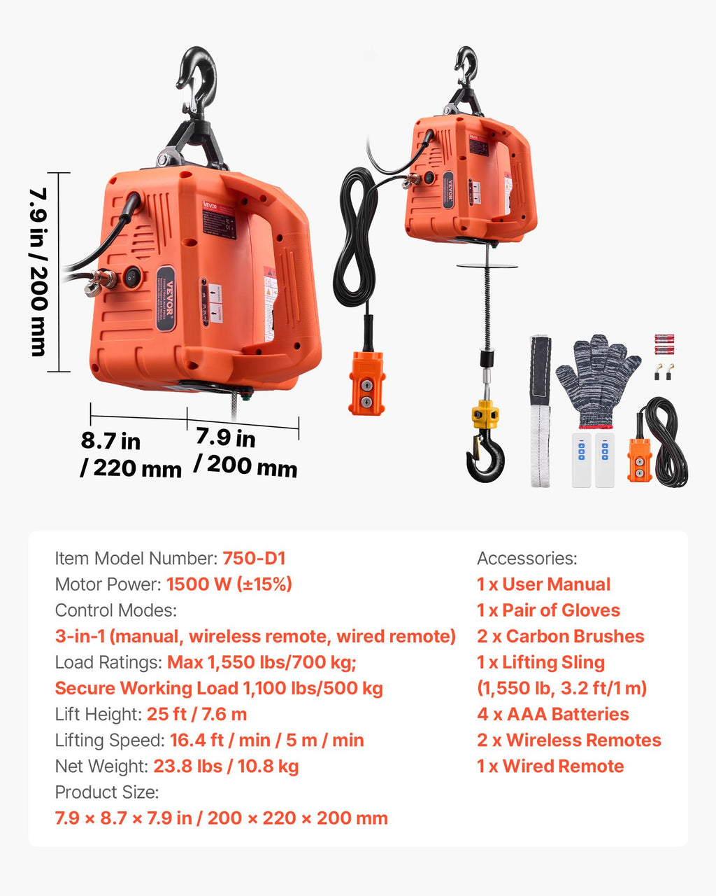 Elektrinė gervė VEVOR 750-D1, 700 kg keliamoji galia