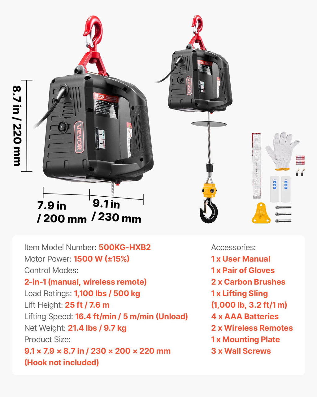 Elektrinė gervė VEVOR 500KG-HXB2, 500 kg keliamoji galia