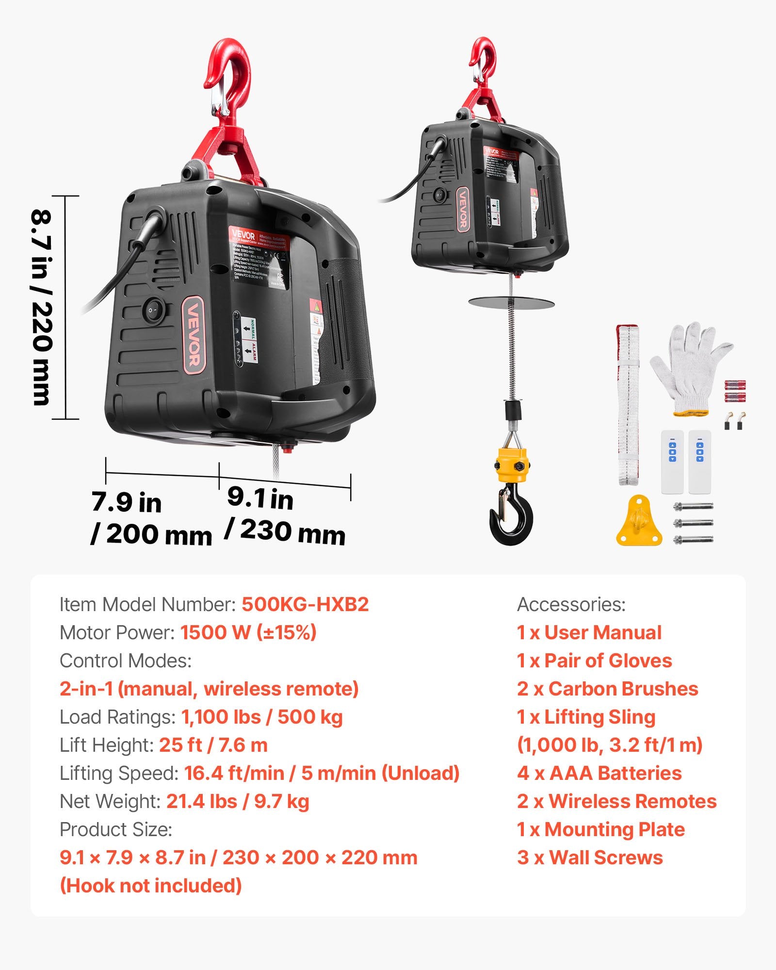 Elektrinė gervė VEVOR 500KG-HXB2, 500 kg keliamoji galia