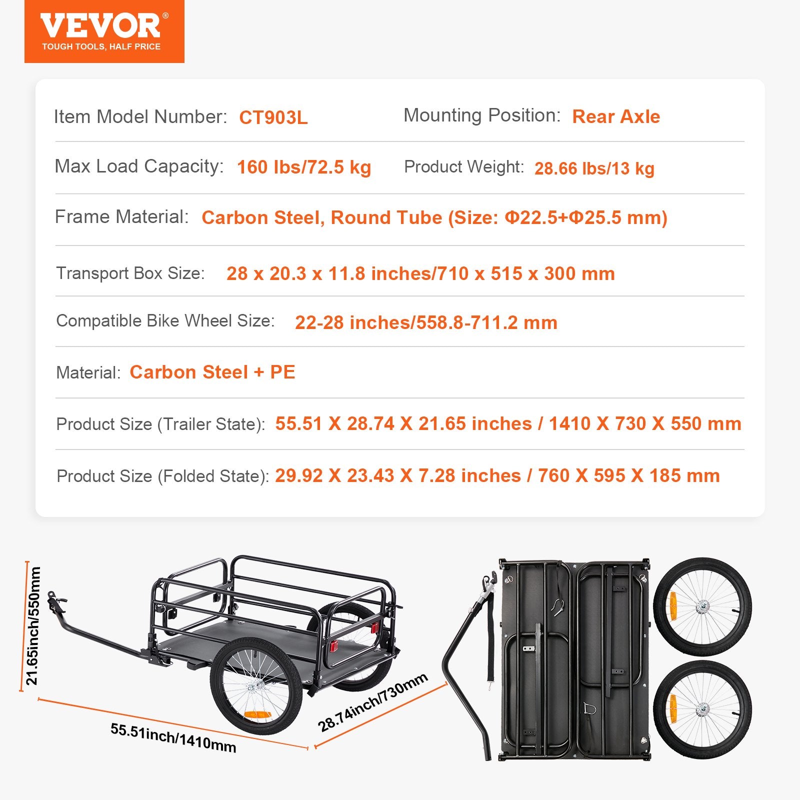 Dviračio krovinių priekaba VEVOR CT903L, 72,5 kg keliamoji galia
