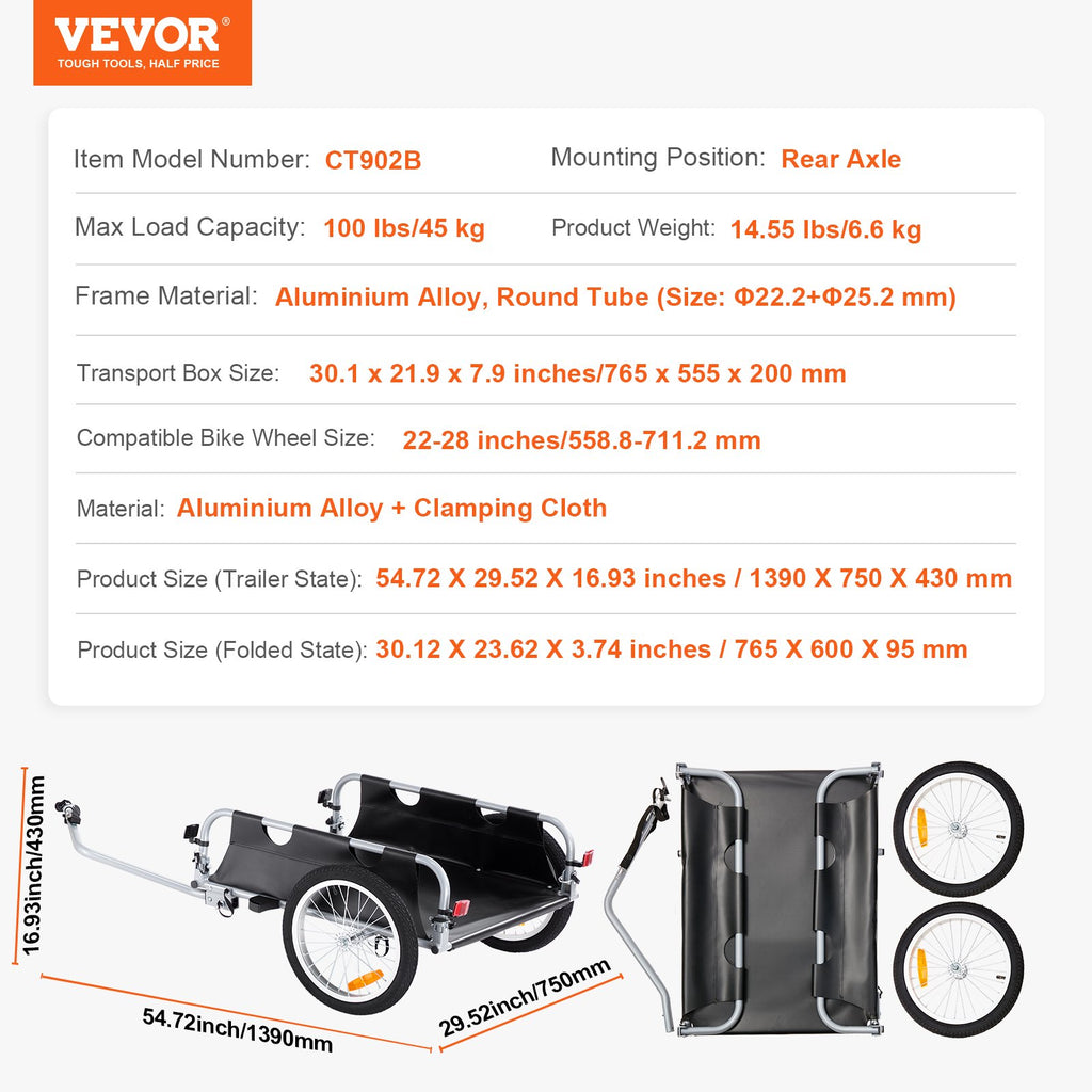 Dviračio krovinių priekaba VEVOR CT902B, 45 kg keliamoji galia.
