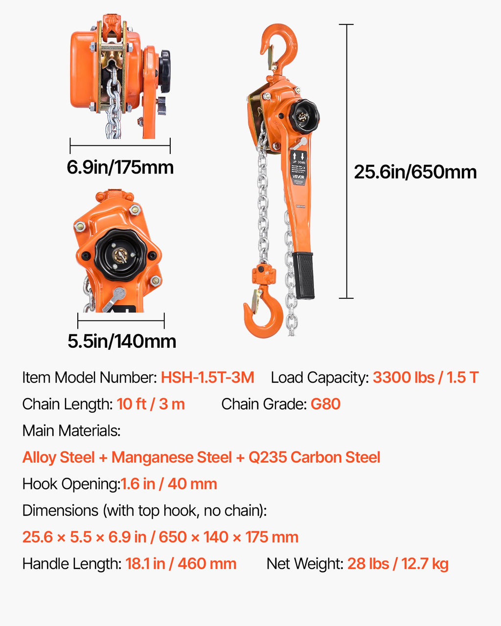 Rankinė svirtinė grandininė talpė VEVOR HSH-1.5T-3M, 1,5 t