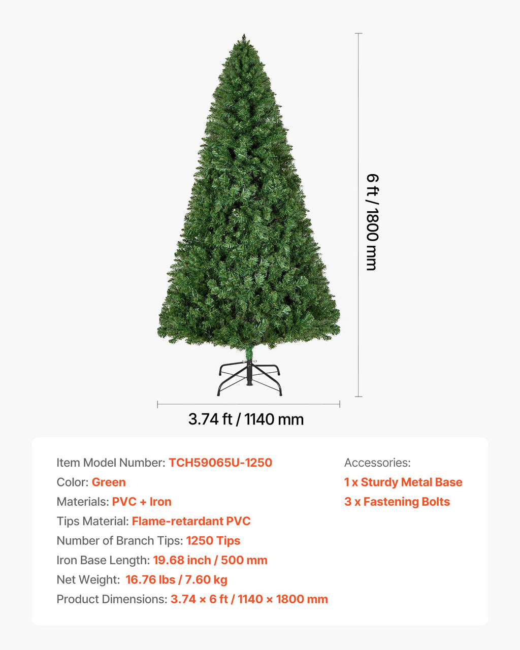 Dirbtinė Kalėdų eglutė VEVOR TCH59065U-1250, 1,8 m aukščio