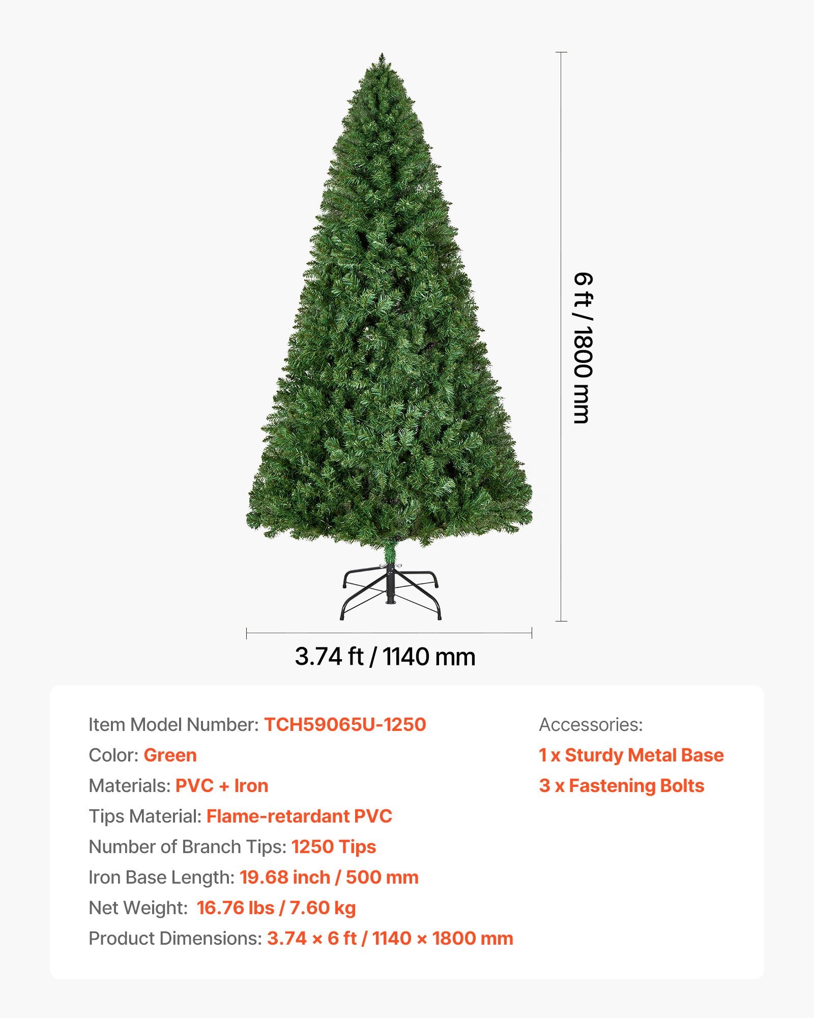 Dirbtinė Kalėdų eglutė VEVOR TCH59065U-1250, 1,8 m aukščio