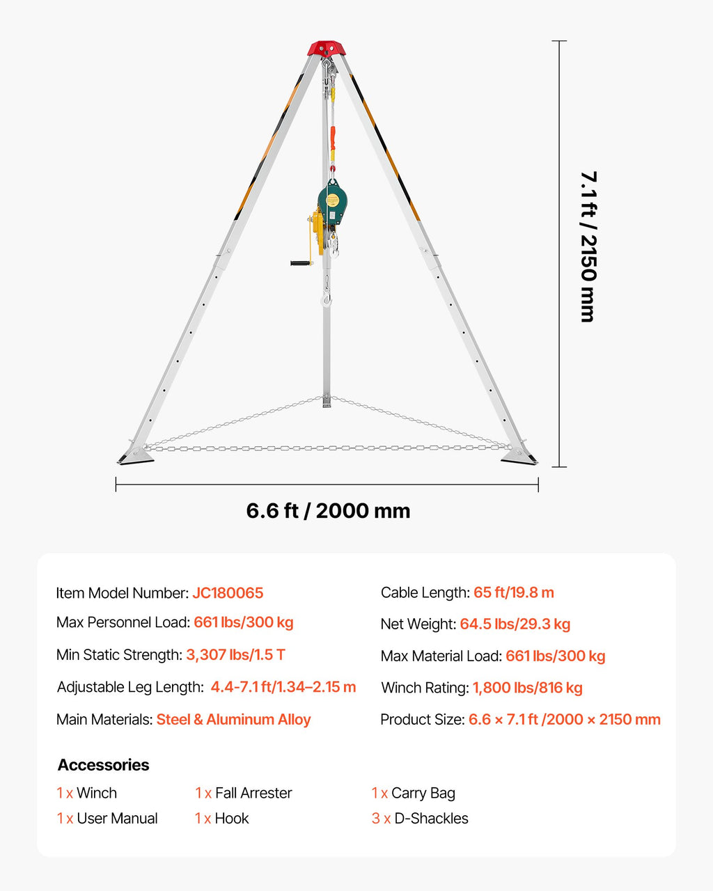 Gelbėjimo trikojis darbui uždarose erdvėse VEVOR JC180065, 816 kg keliamoji galia