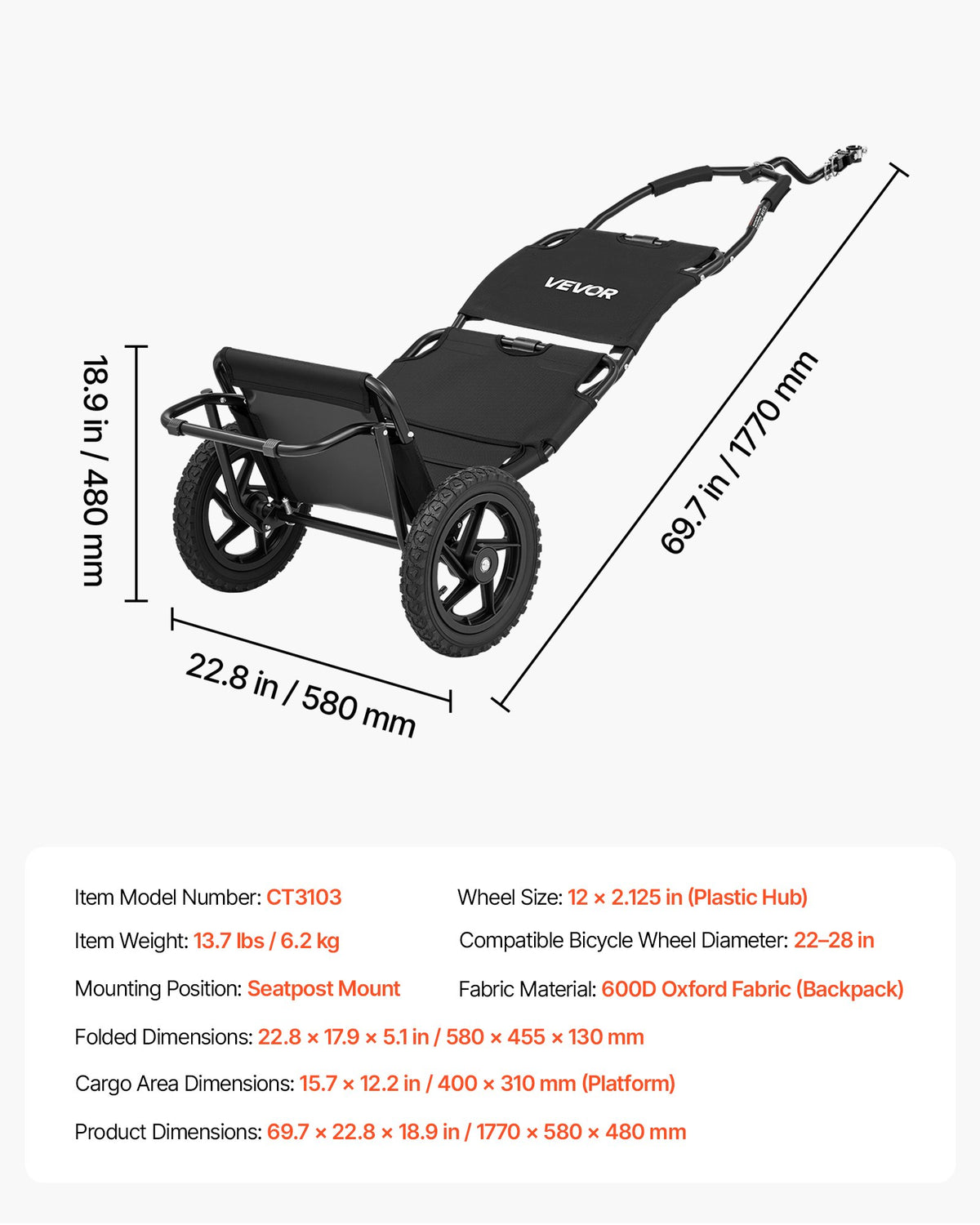 Dviračio krovinių priekaba VEVOR CT3103, 27 kg apkrova