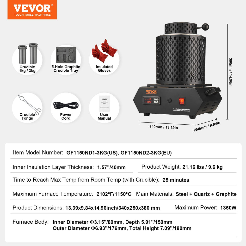 Elektrinė metalo lydymo krosnis VEVOR GF1150ND2-3KG, 1350W