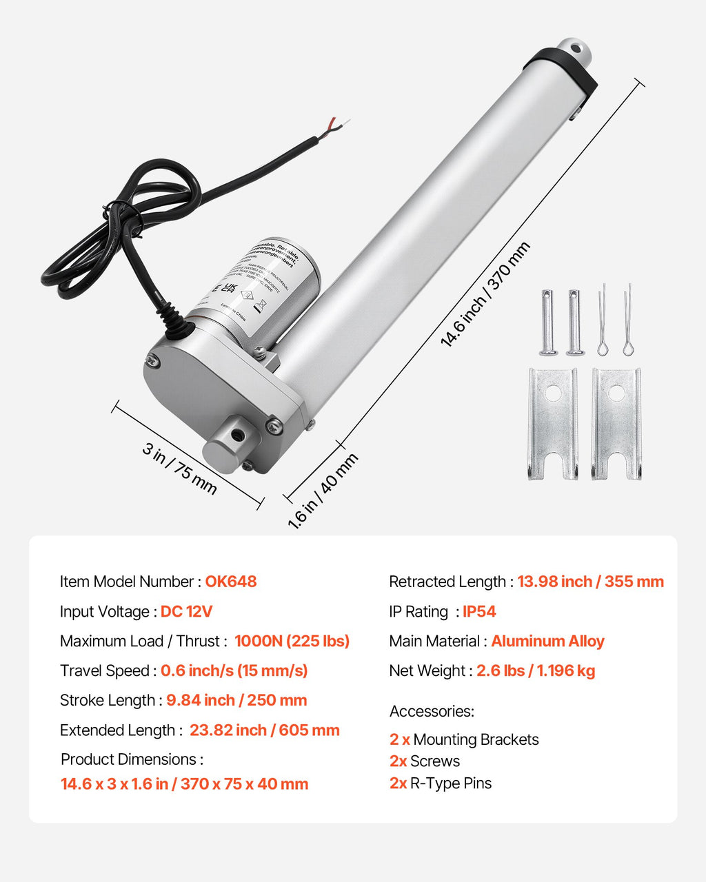 Linijinis pavaros mechanizmas VEVOR OK648, 250 mm eiga