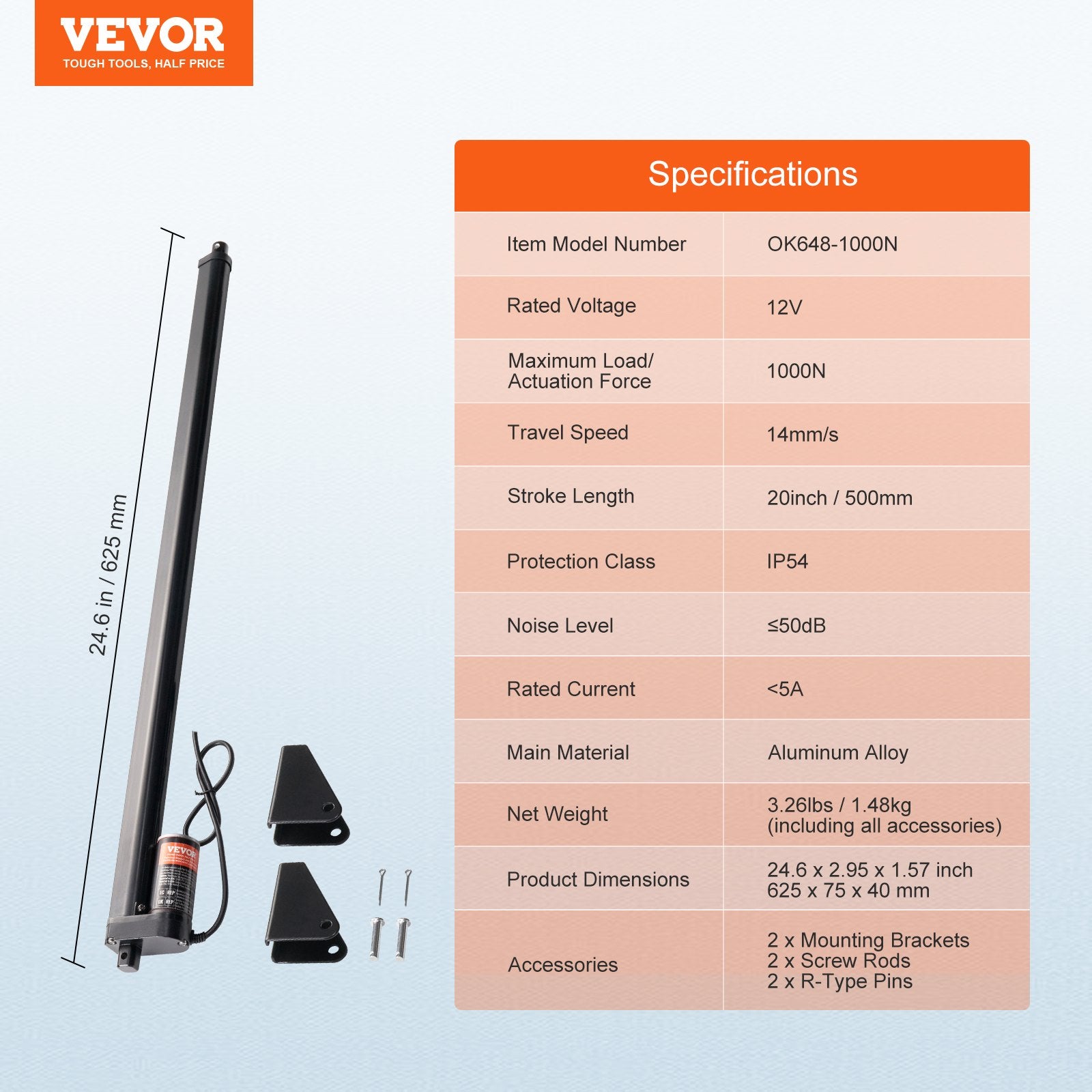 Linijinė pavara VEVOR OK648-1000N, 500 mm eiga