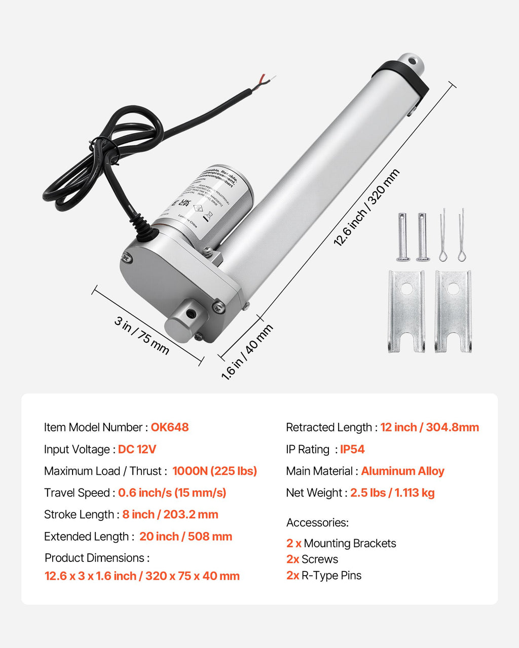 Linijinis pavaros mechanizmas VEVOR OK648, 203,2 mm eiga