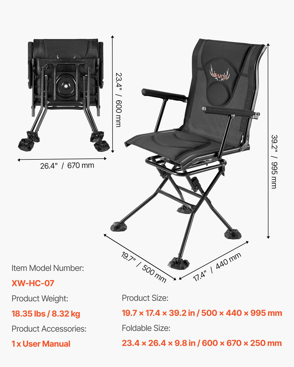 Medžioklinė kėdė VEVOR XW-HC-07, 136 kg keliamoji galia