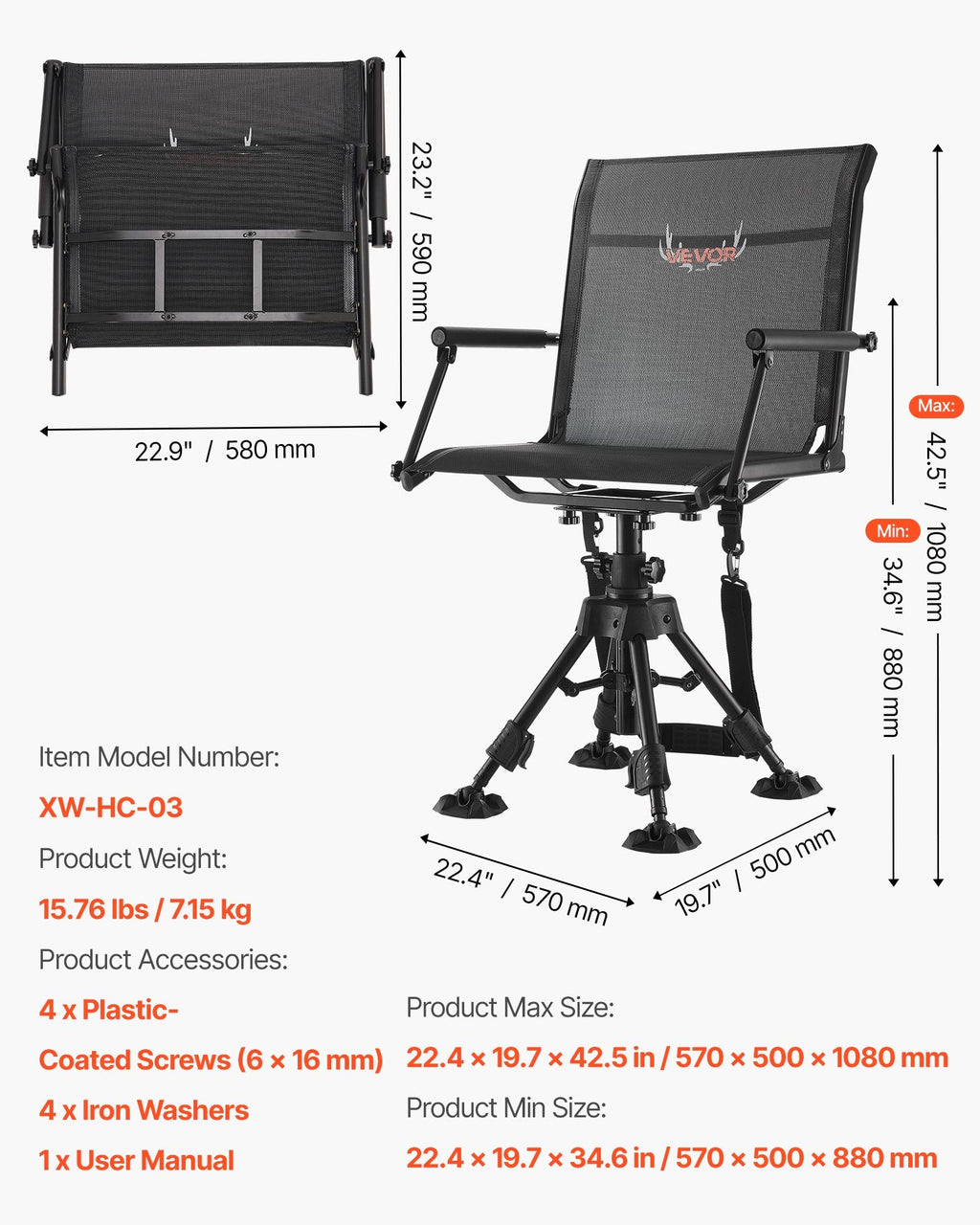 Medžioklės kėdė VEVOR XW-HC-03, 158 kg apkrova