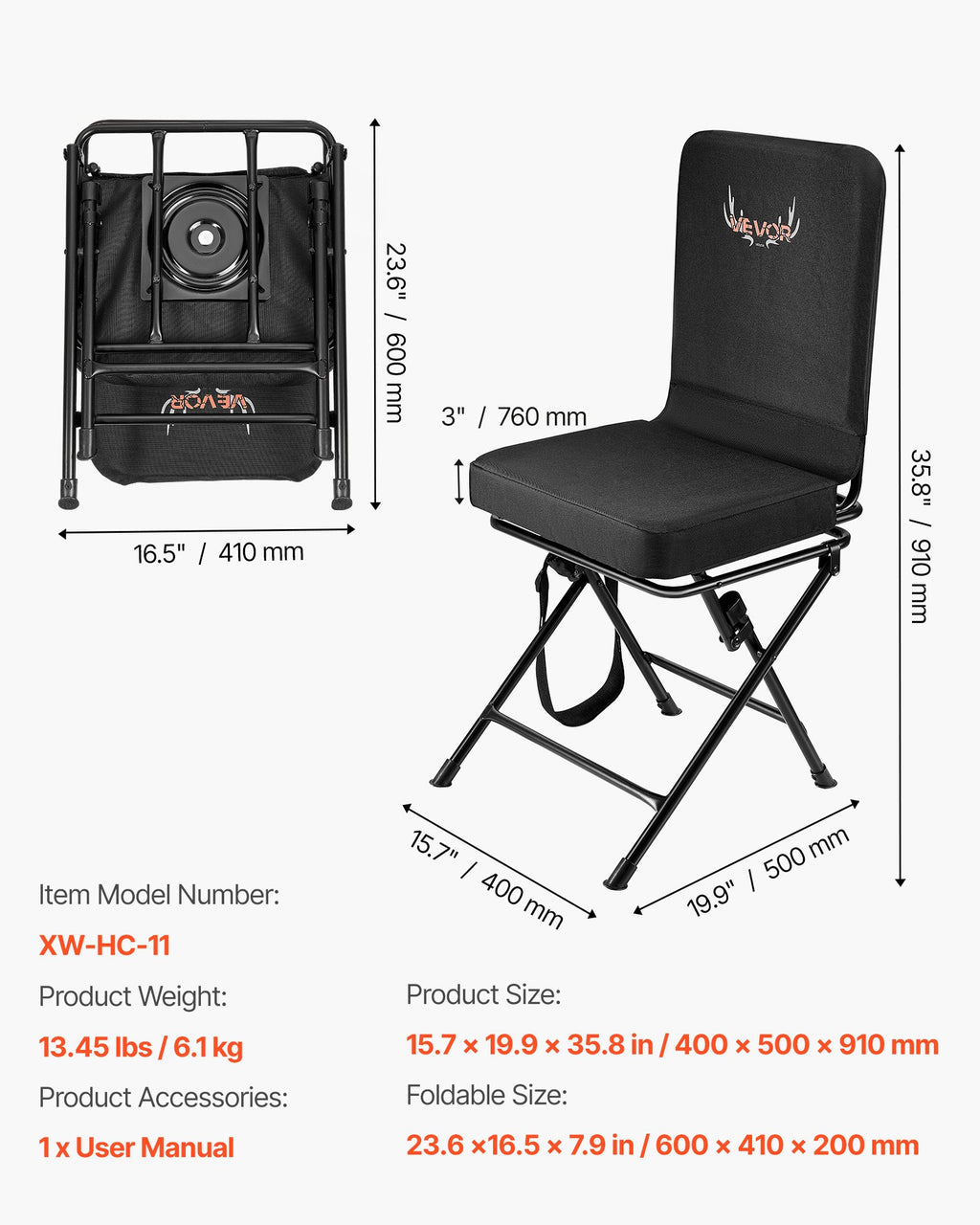 Medžioklinė kėdė VEVOR XW-HC-11, 136 kg apkrova
