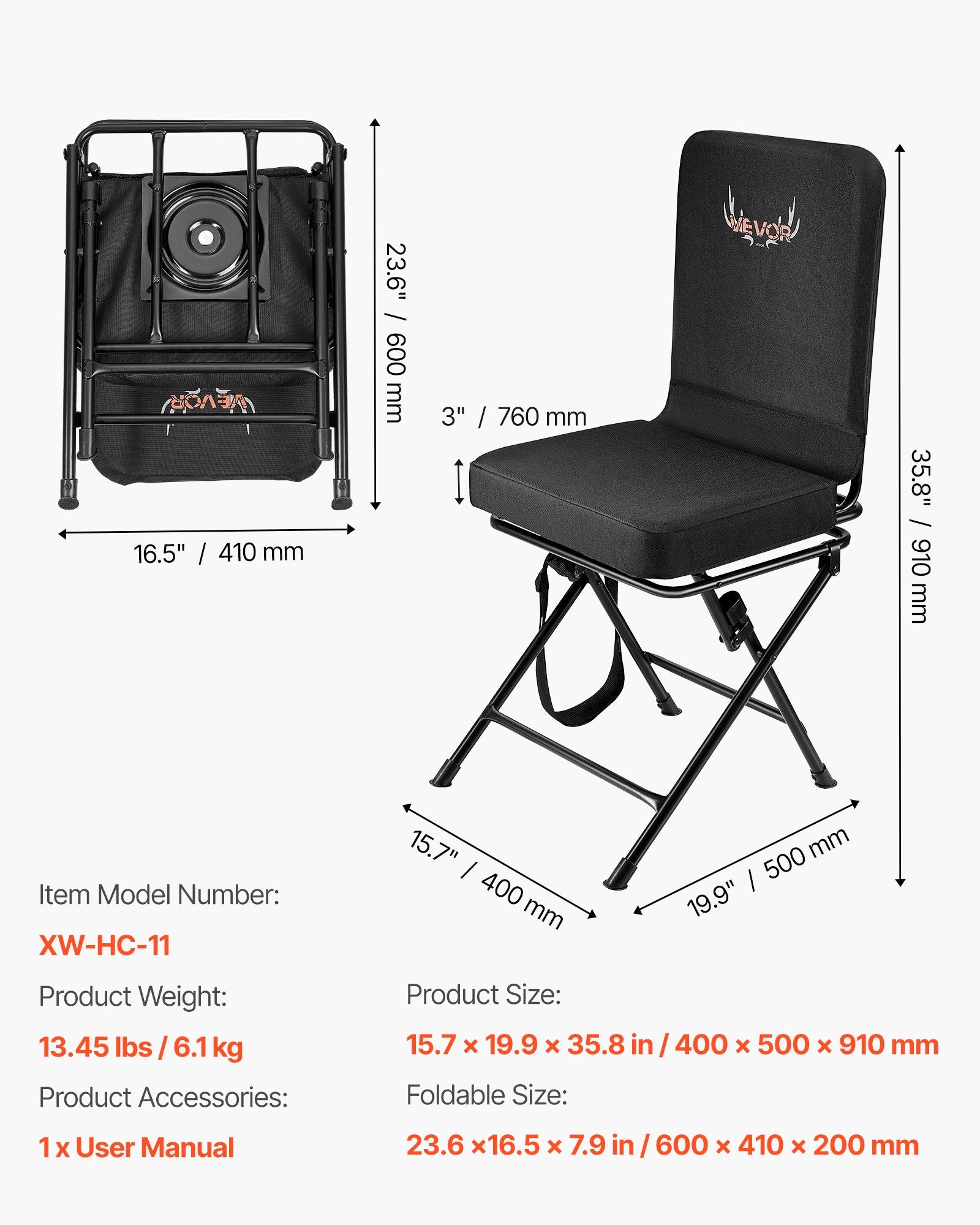 Medžioklinė kėdė VEVOR XW-HC-11, 136 kg apkrova