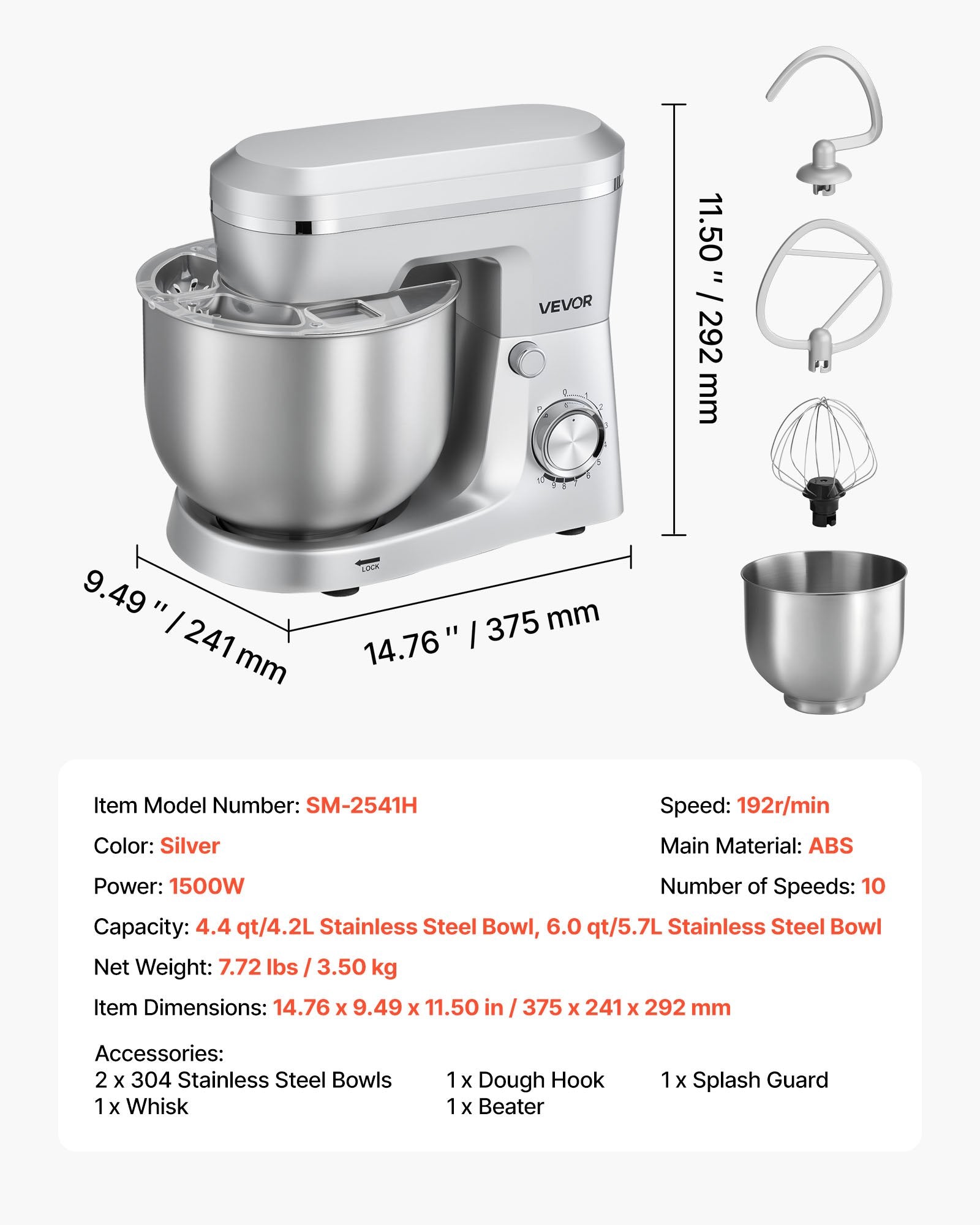 Virtuvinis kombainas VEVOR SM-2541H, 1500W