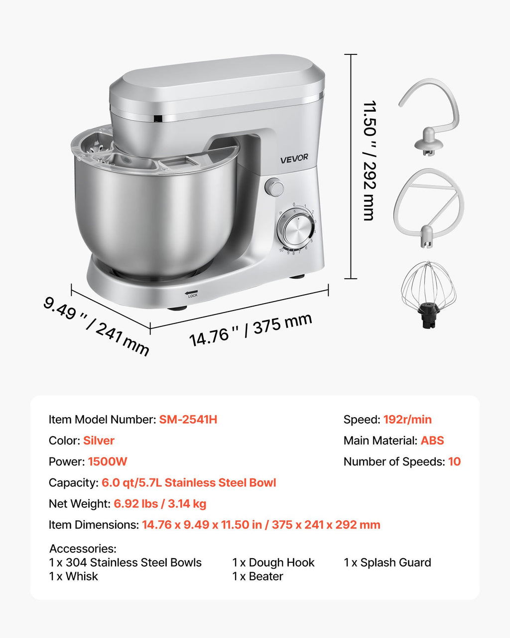 Virtuvinis kombainas VEVOR SM-2541H, 1500W, 5.7 l