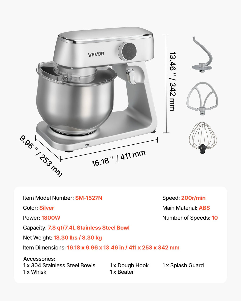 Virtuvinis kombainas VEVOR SM-1527N, 1800 W