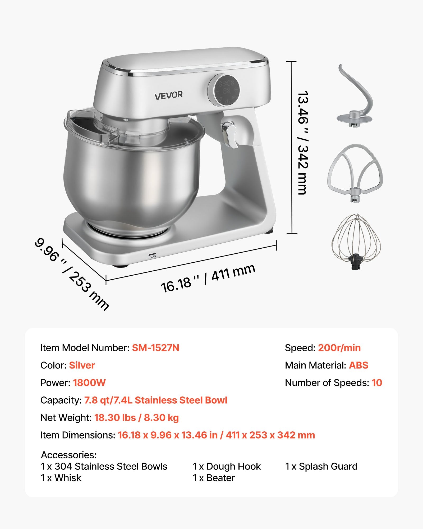 Virtuvinis kombainas VEVOR SM-1527N, 1800 W