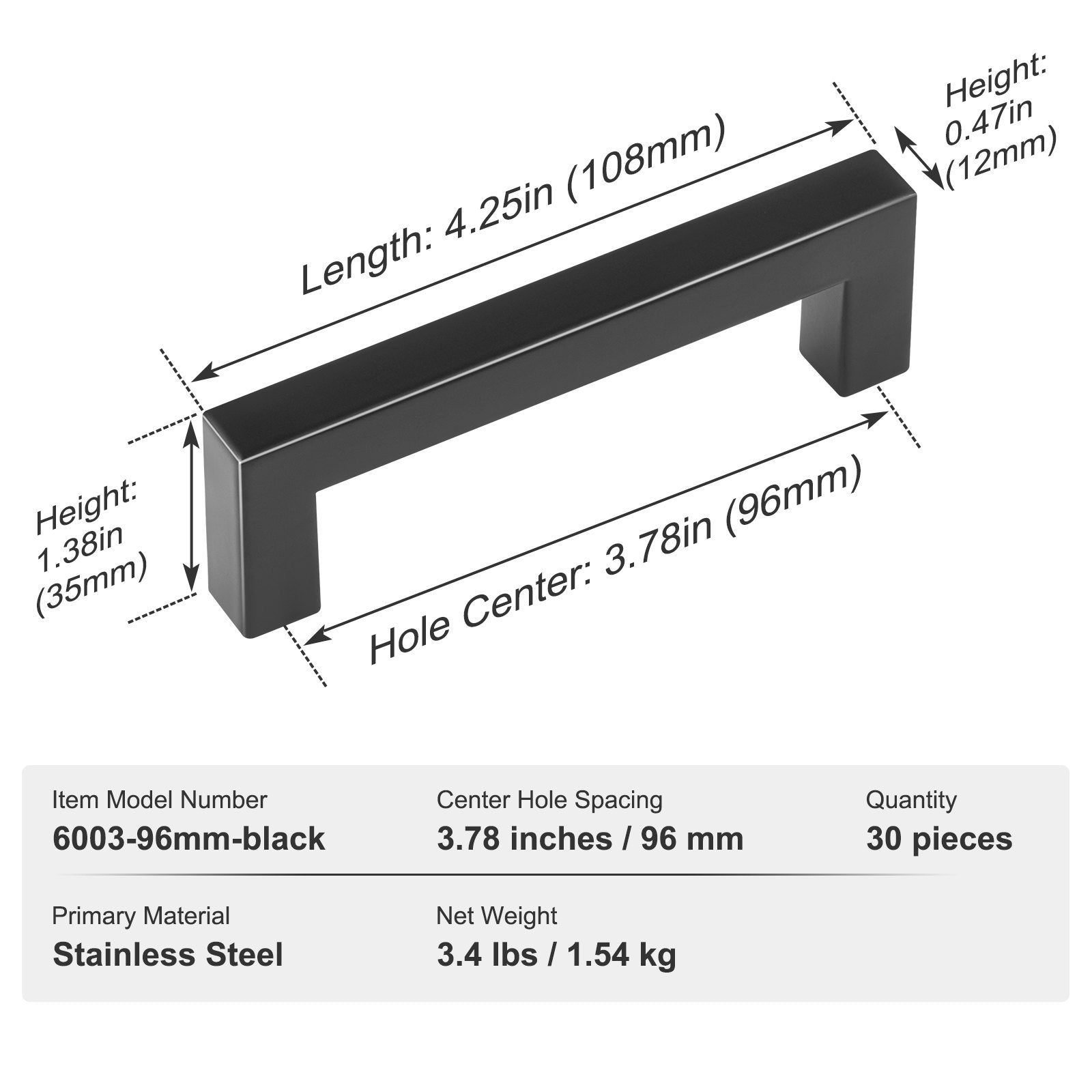 Baldų rankenėlės VEVOR 6003-96mm-black, 96 mm tarpas tarp skylių, 30 vnt.