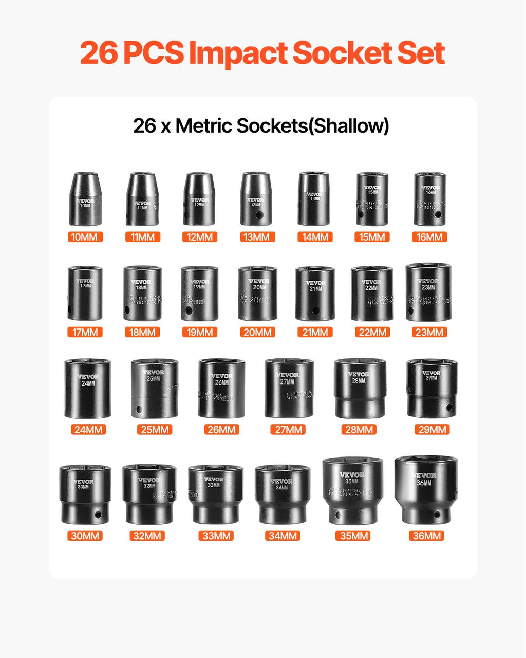 Smūginių galvučių rinkinys VEVOR, 1/2 colio, 26 dalių, 10-36 mm
