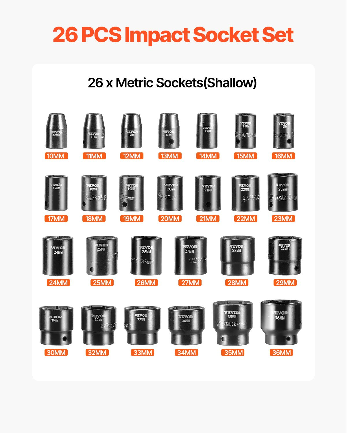Smūginių galvučių rinkinys VEVOR, 1/2 colio, 26 dalių, 10-36 mm