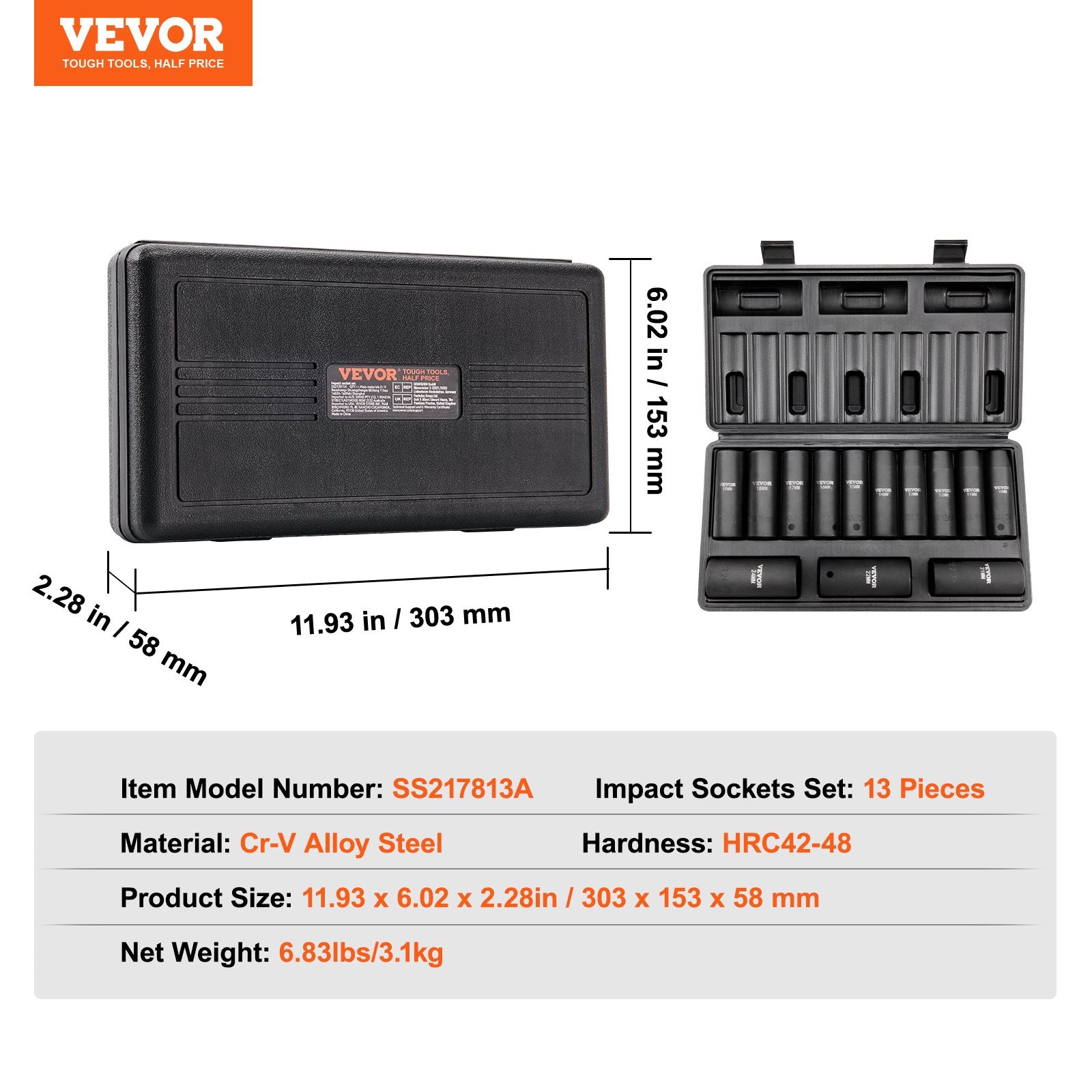 Smūginių galvučių rinkinys VEVOR SS217813A, 1/2", 13 vnt.