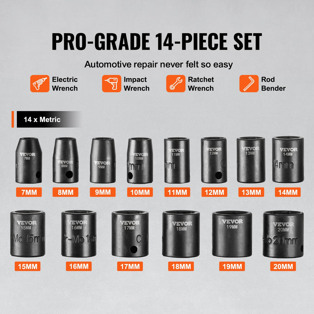 Smūginių galvučių rinkinys VEVOR SX38MST1400, 14 dalių, 7–20 mm