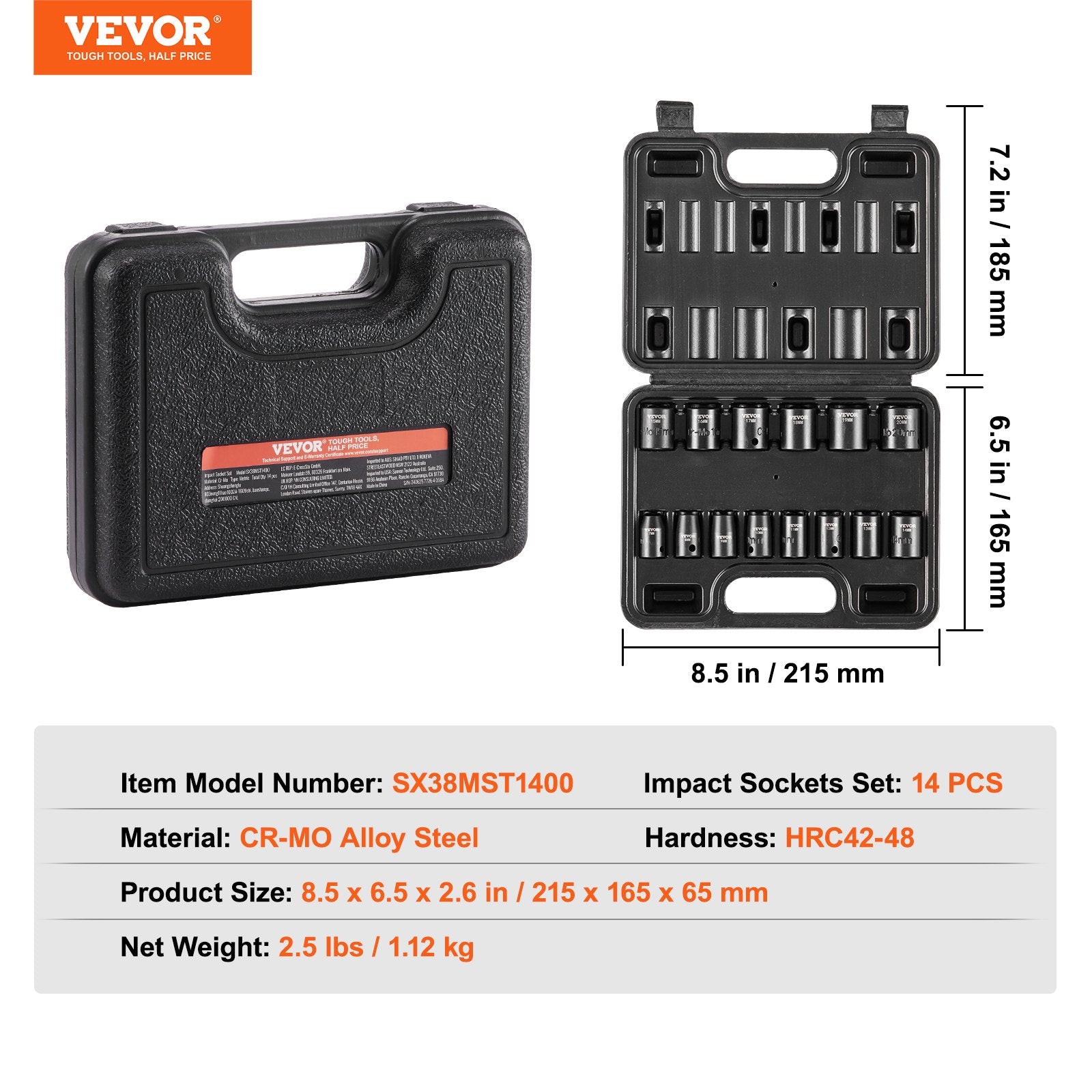 Smūginių galvučių rinkinys VEVOR SX38MST1400, 14 dalių, 7–20 mm