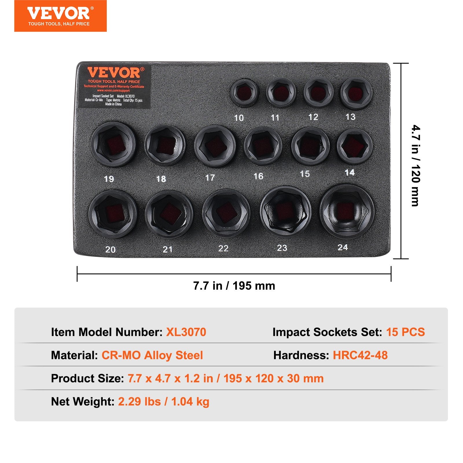 Smūginių galvučių rinkinys VEVOR XL3070, 15 dalių, 10-24 mm