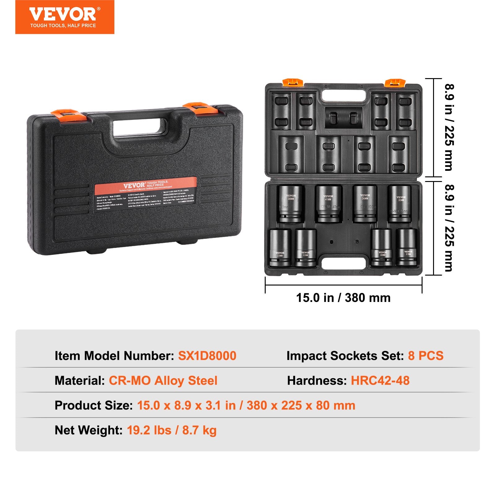 Smūginių galvučių rinkinys VEVOR SX1D8000, 8 vnt., 1" jungtis