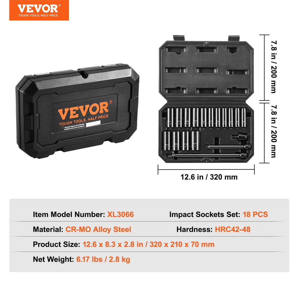 Smūginių galvučių rinkinys VEVOR XL3066, 18 dalių, 8–22 mm