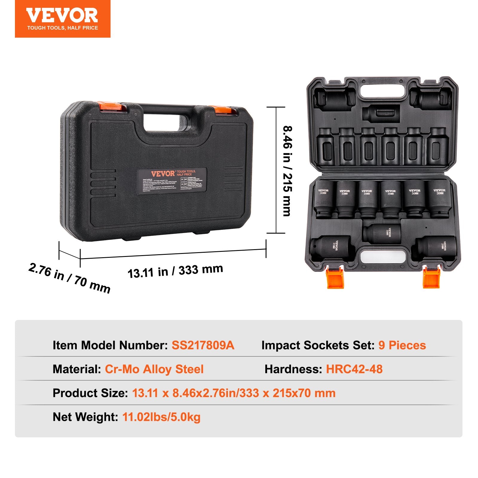 Smūginių galvučių rinkinys VEVOR SS217809A, 1/2" jungtis, 9 vnt.