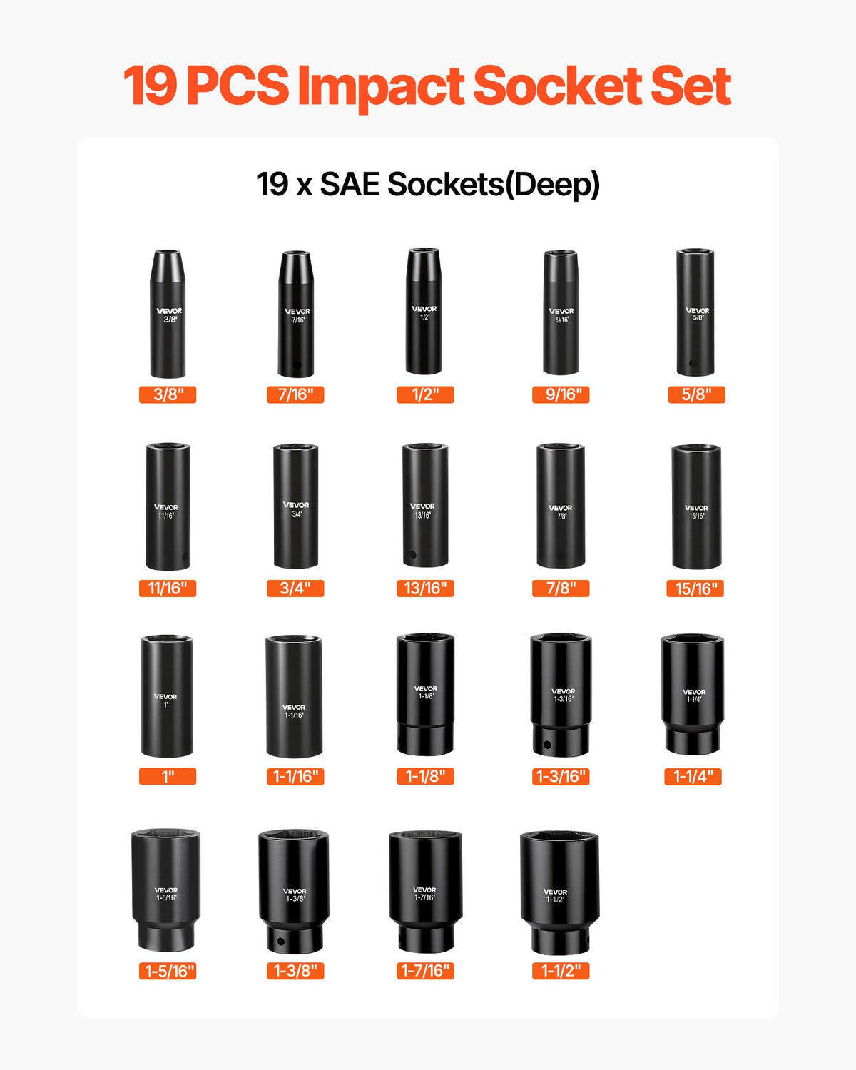 Smūginių galvučių rinkinys VEVOR 1/2"-19PC/DEEP LH-2119D, 19 dalių