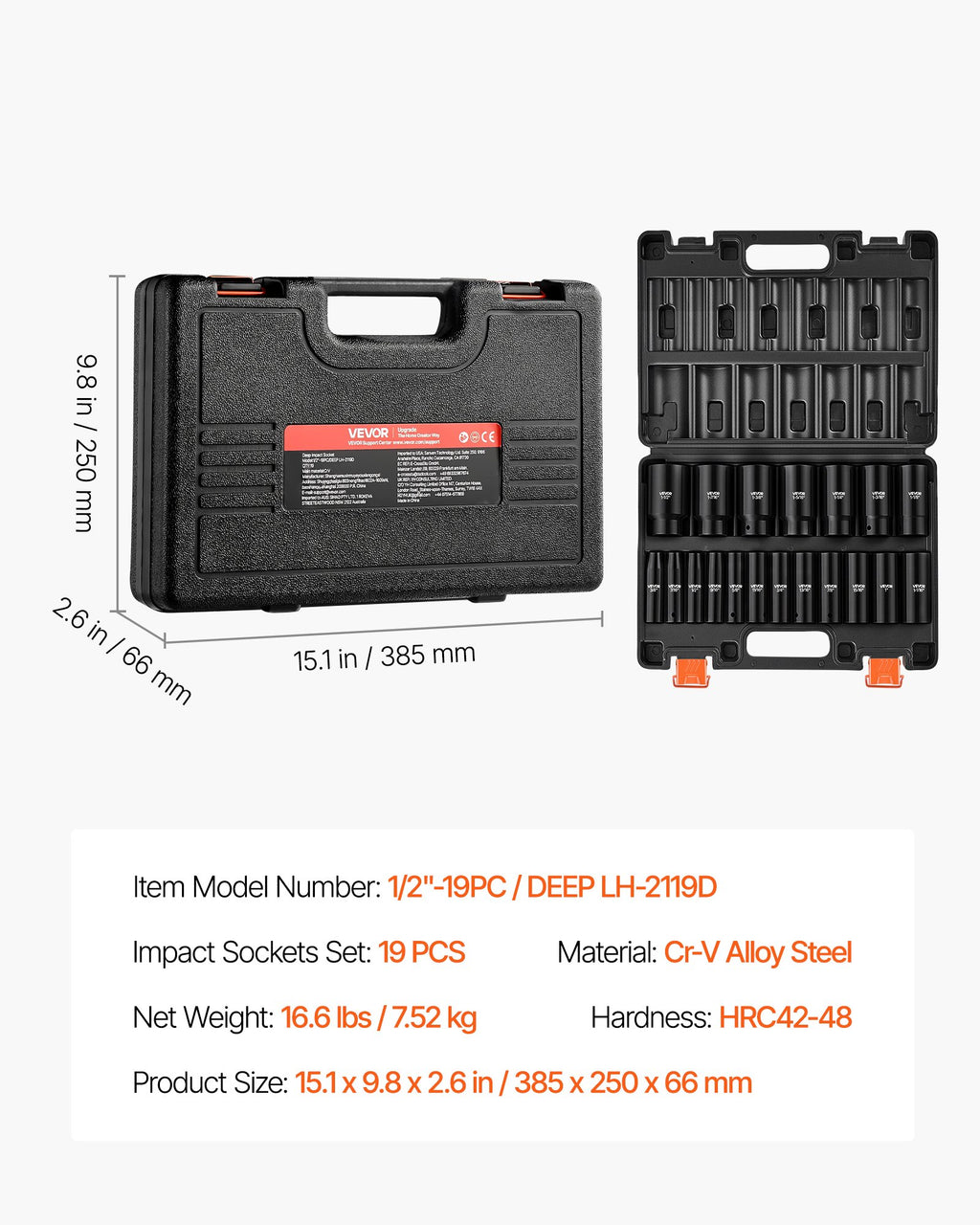 Smūginių galvučių rinkinys VEVOR 1/2"-19PC/DEEP LH-2119D, 19 dalių