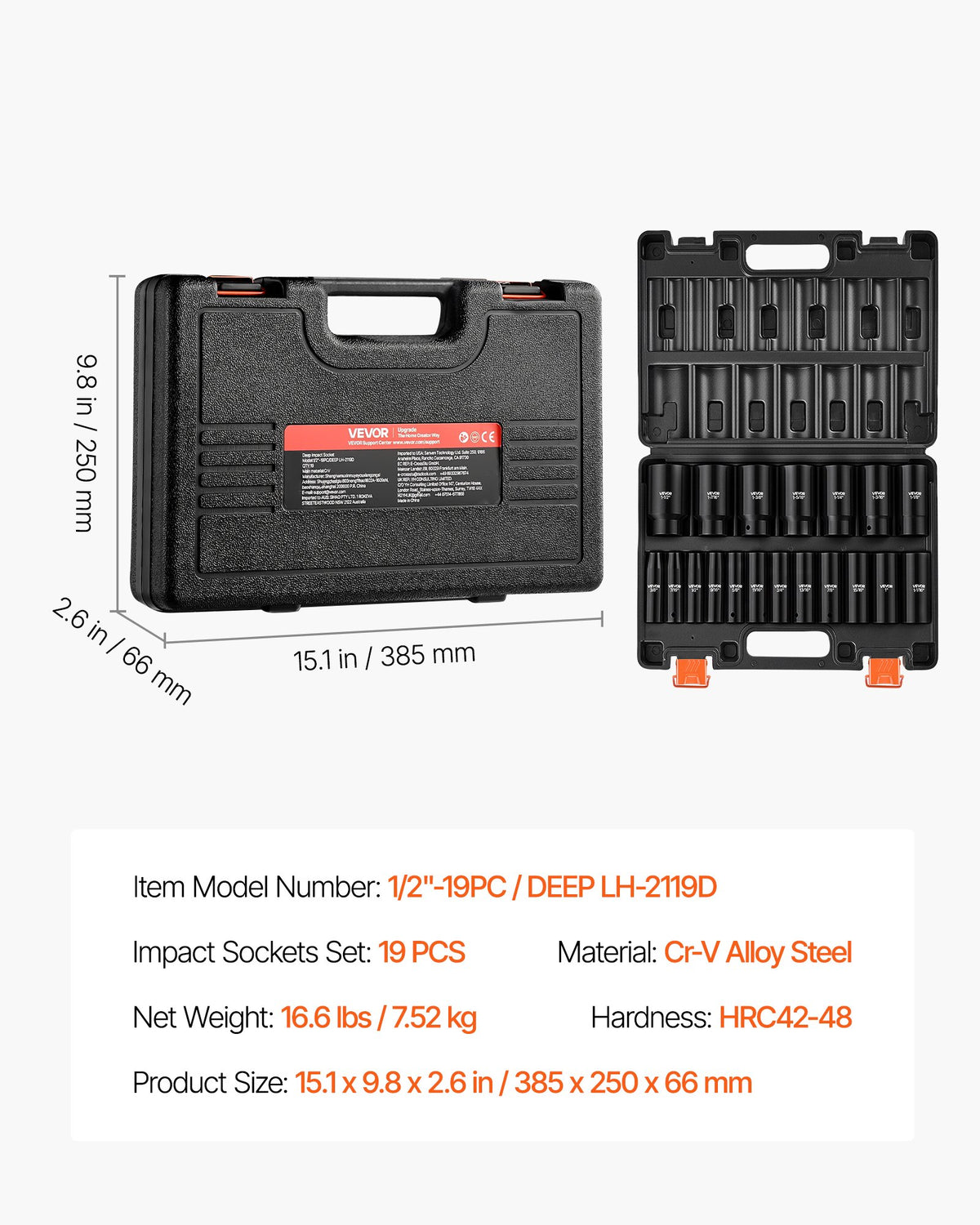 Smūginių galvučių rinkinys VEVOR 1/2"-19PC/DEEP LH-2119D, 19 dalių