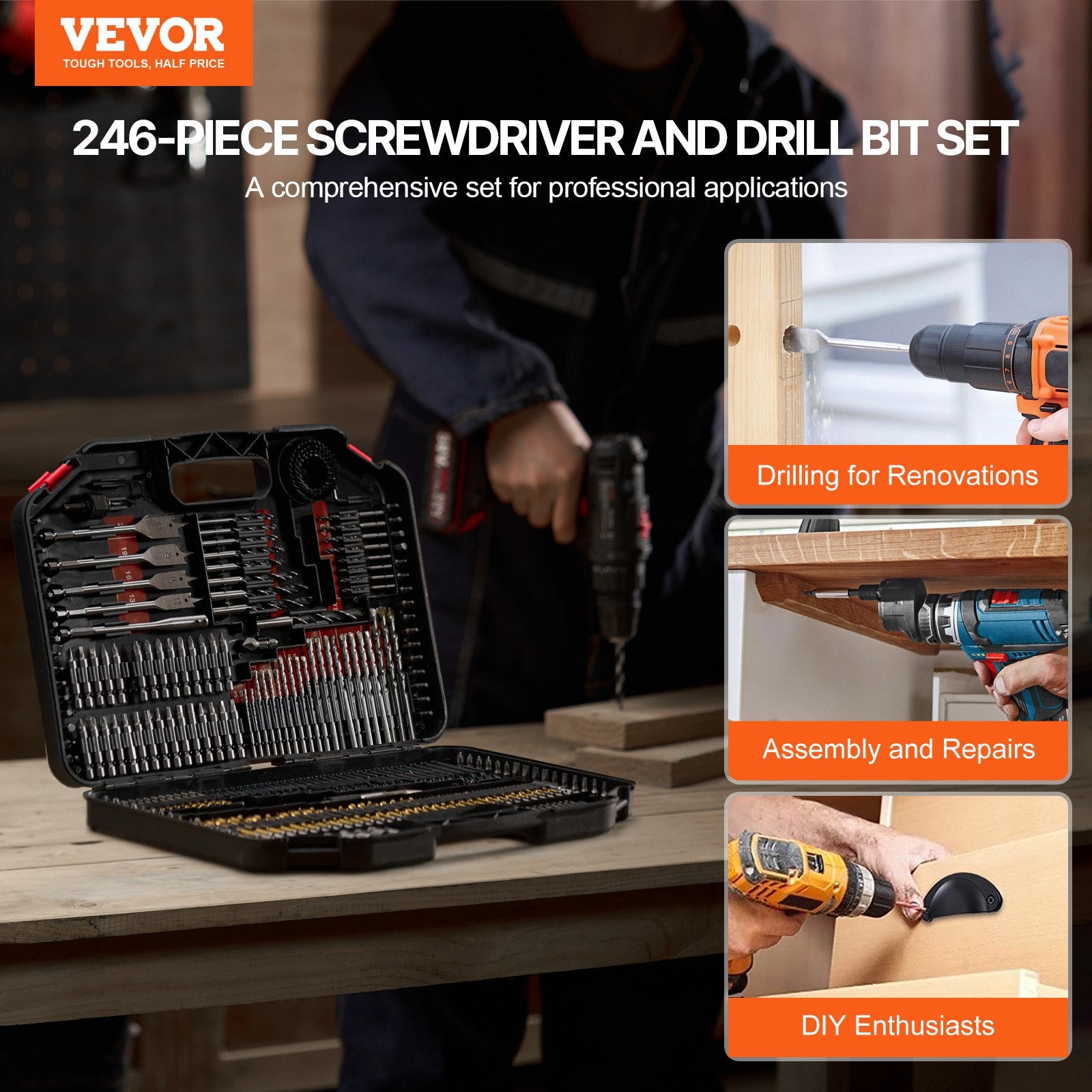 Grąžtų ir suktuvo antgalių rinkinys VEVOR 246PCS DRILL & BIT SET, 246 dalių