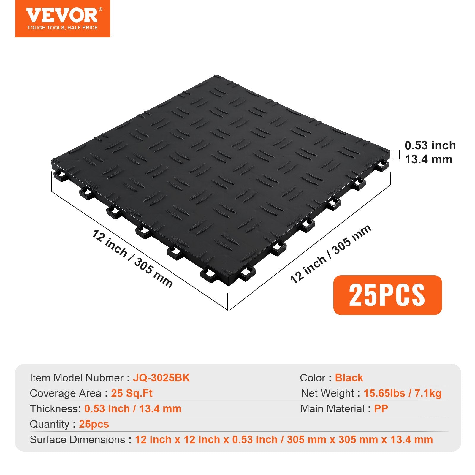 Garažo grindų plytelės VEVOR JQ-3025BK, 25 vnt. rinkinys