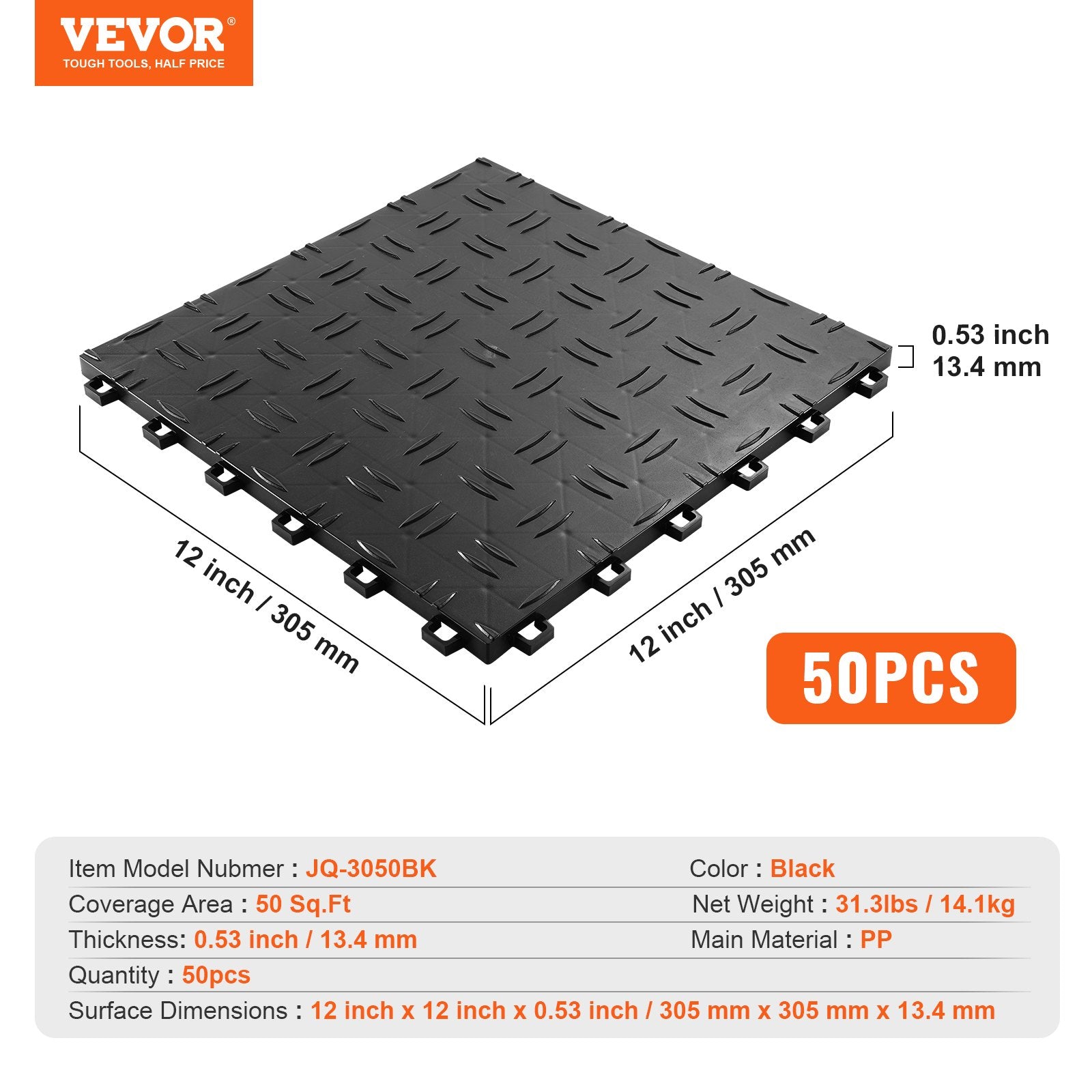 Garažo grindų plytelės VEVOR JQ-3050BK, 50 vnt. rinkinys