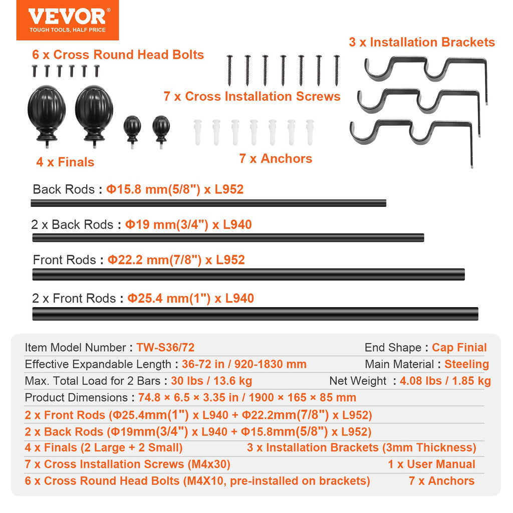 Dvigubas užuolaidų karnizas VEVOR TW-S36/72, 91,4–182,9 cm