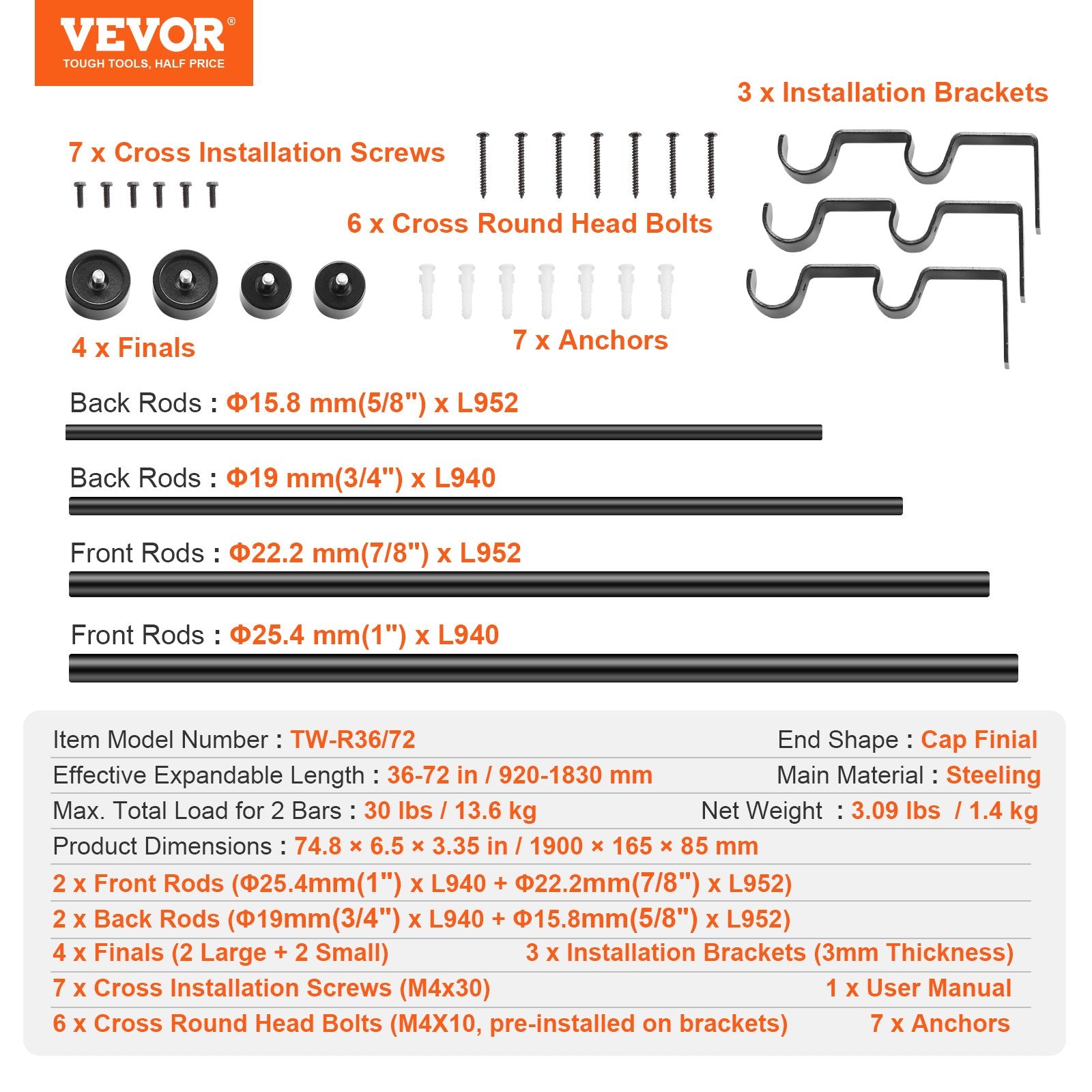 Dvigubas užuolaidų karnizas VEVOR TW-R36/72, 92–183 cm