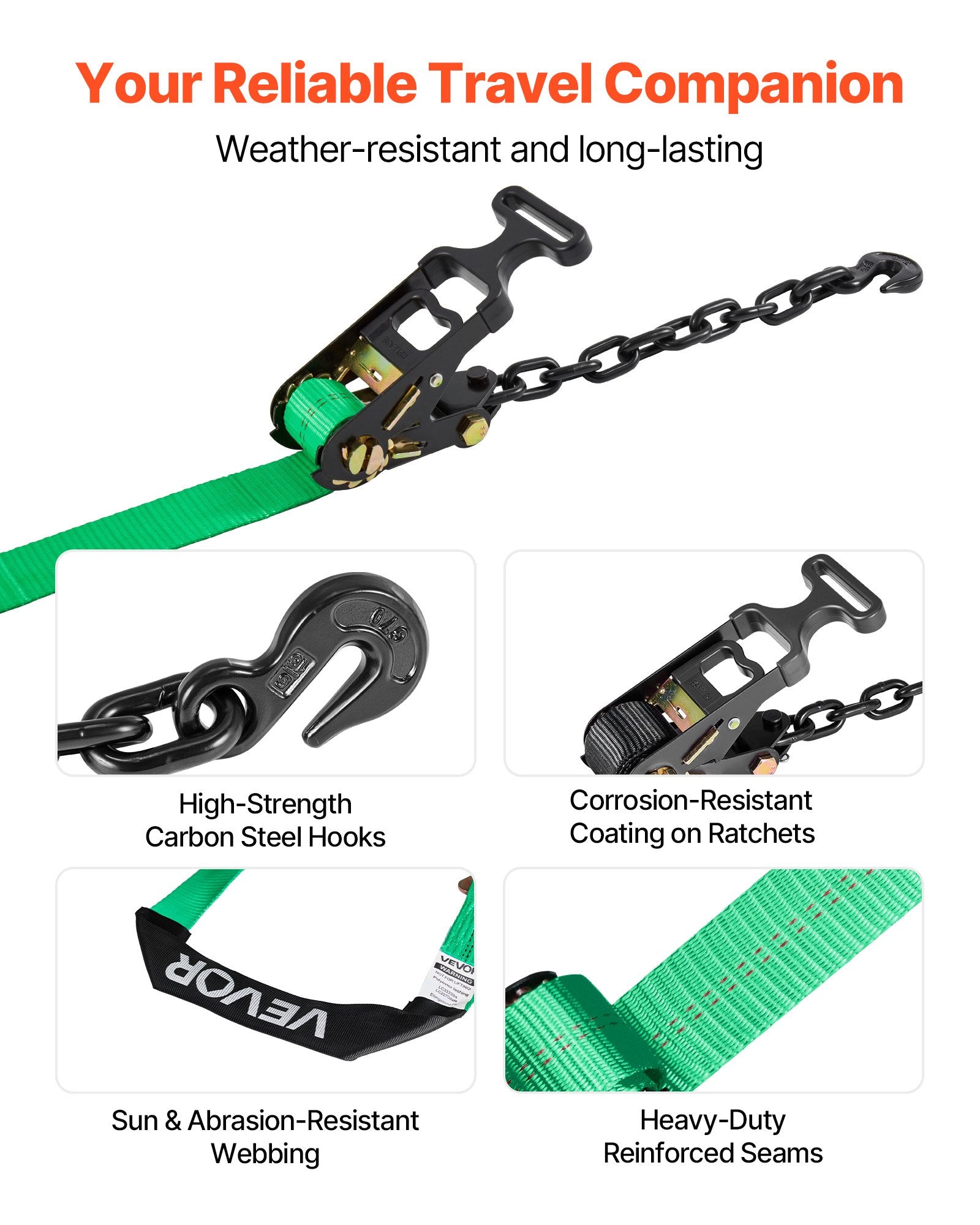 Ratchetinių diržų komplektas ratų tvirtinimui VEVOR XM0510, 4540 kg trūkimo jėga