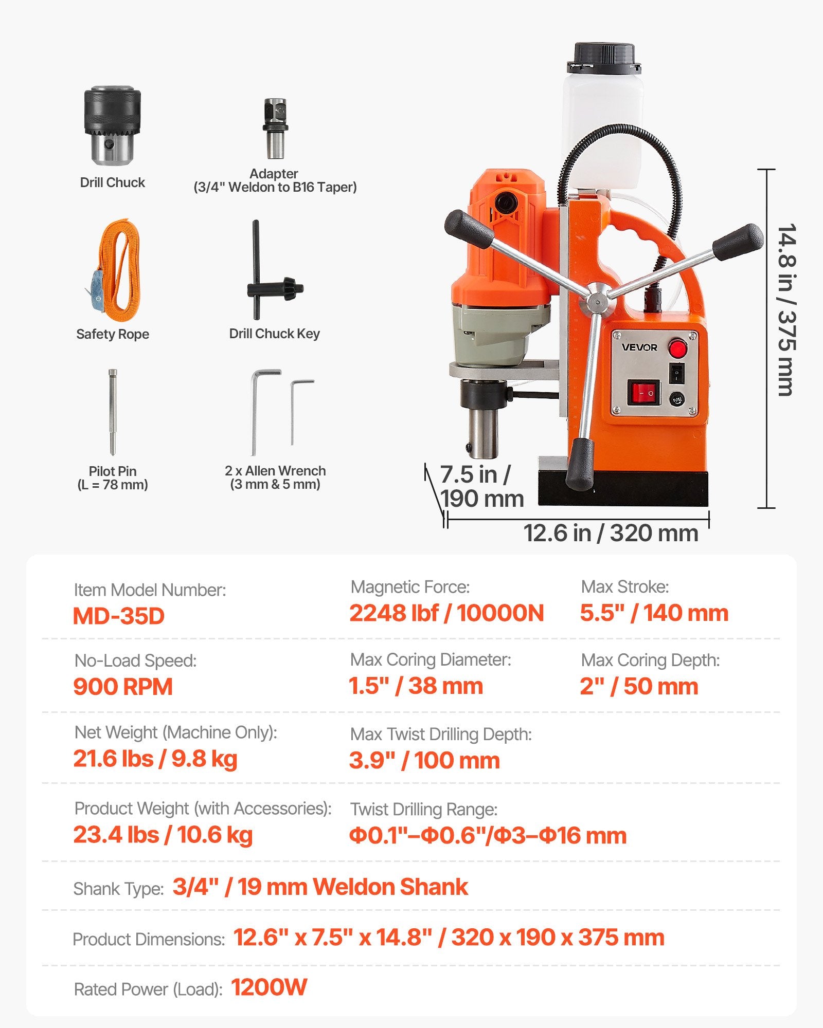 Magnetinės gręžimo staklės VEVOR MD-35D, 1200 W