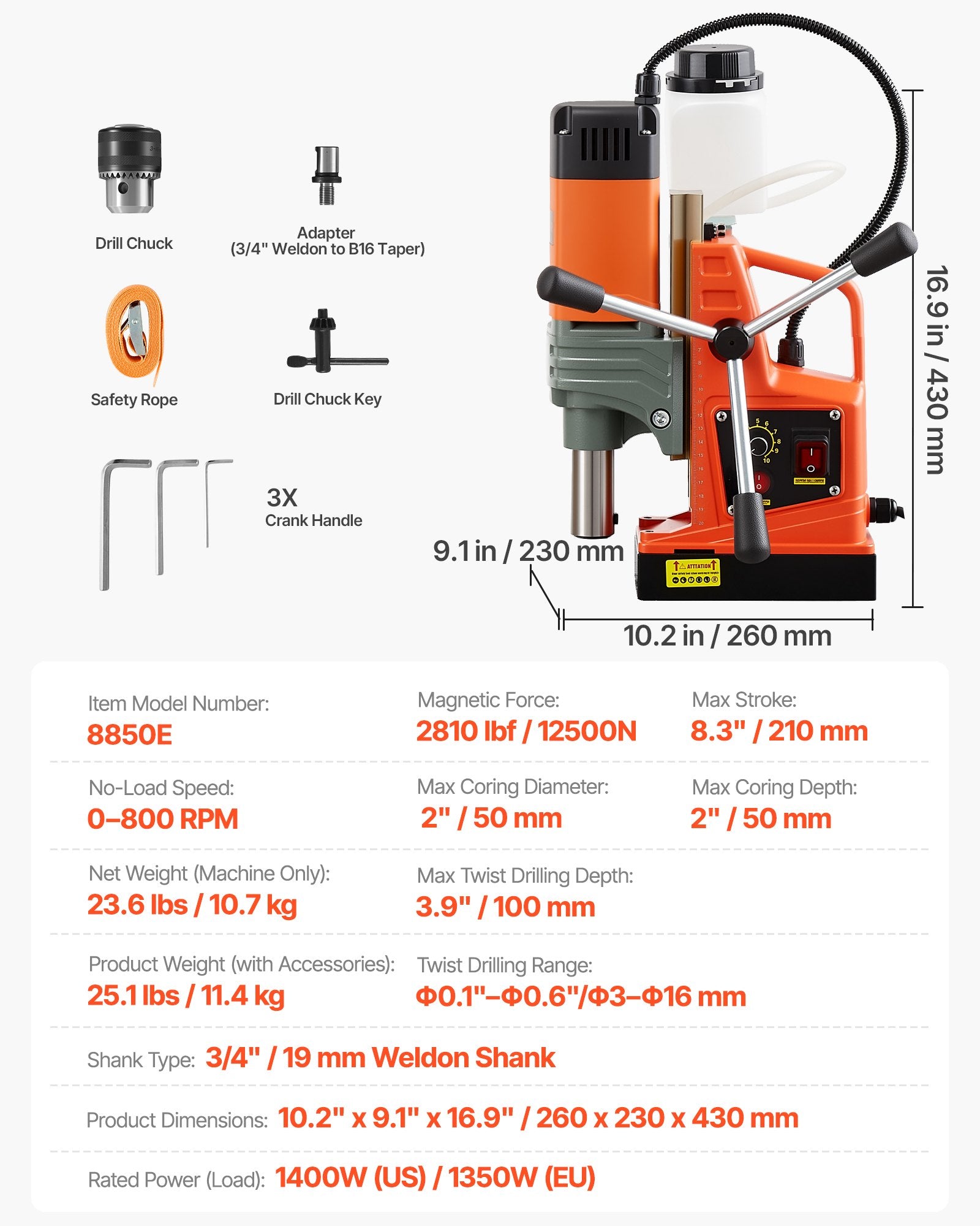 Magnetinės gręžimo staklės VEVOR 8850E, 1350 W