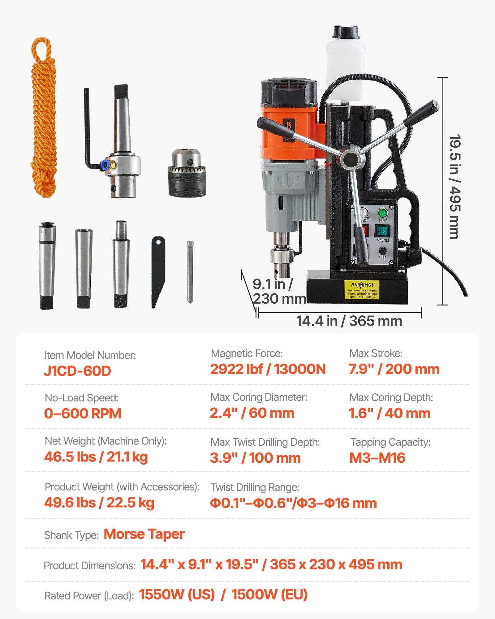 Magnetinis gręžtuvas VEVOR J1CD-60D, 1500 W