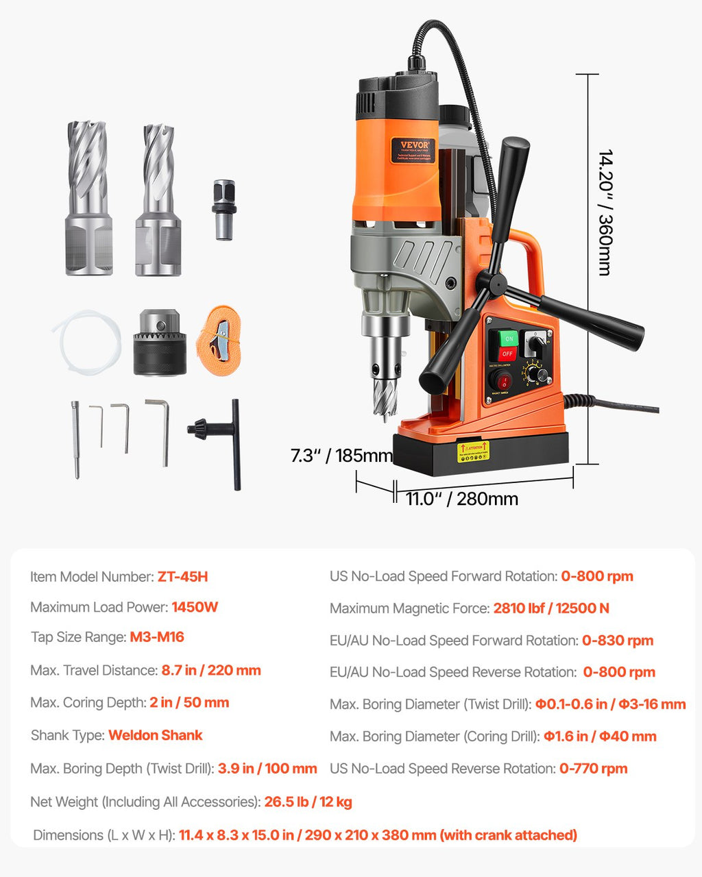 Magnetinės gręžimo staklės VEVOR ZT-45H, 1450 W